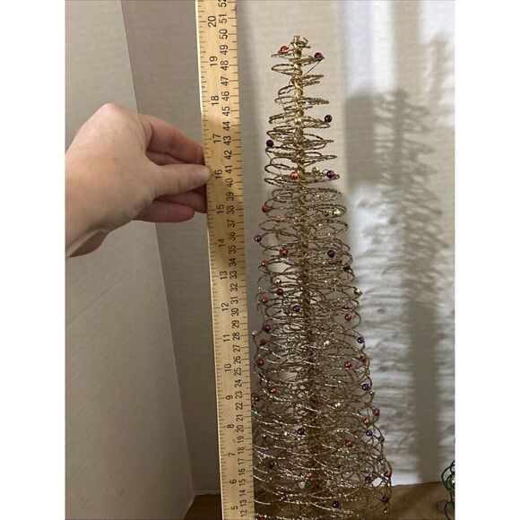 Set Of 2 Crate & Barrel Beaded Wire Glitter Christmas Trees 20” &  15” Tall - Picture 4 of 5